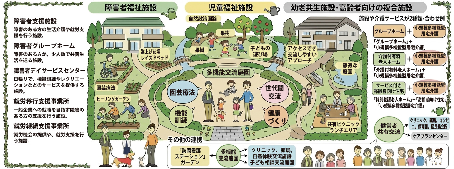 障害者福祉施設
障害者支援施設: 障害のある方の生活介護や就労支援を行う施設。
障害者グループホーム: 障害のある方が、少人数で共同生活を送る施設。
障害者デイサービスセンター: 日帰りで、機能訓練やレクリエーションなどのサービスを提供する施設。
就労移行支援事業所: 一般企業への就職を目指す障害のある方の支援を行う施設。
就労継続支援事業所: 就労機会の提供や、就労支援を行う施設。
児童福祉施設
乳児院: 乳児を養育する施設。
児童養護施設: 保護者のいない児童や、虐待されている児童を養育する施設。
母子生活支援施設: 経済的な理由などで生活に困窮している母子を支援する施設。
児童発達支援センター: 発達に遅れのある児童の支援を行う施設。
放課後等デイサービス: 障害のある児童や、発達に遅れのある児童の放課後等の支援を行う施設。
幼老共生施設・高齢者向けの複合施設
幼老共生施設・高齢者向けの複合施設には以下の組み合わせで、同じ建物内に施設や介護サービスが2種類以上あるものをいいます。 ・「グループホーム」+「小規模多機能型居宅介護」
・「介護付有料老人ホーム」+「小規模多機能型居宅介護」
・「介護付有料老人ホーム」+「グループホーム」+「小規模多機能型居宅介護」
・「介護付有料老人ホーム」+「サービス付き高齢者向け住宅」
・「サービス付き高齢者向け住宅」+「小規模多機能型居宅介護」
・「特別養護老人ホーム」+「サービス付き高齢者向け住宅」
・「特別養護老人ホーム」+「グループホーム」+「小規模多機能型居宅介護」
・「介護老人保健施設」+「サービス付き高齢者向け住宅」
なかには医療機関との連携が万全で、「訪問看護ステーション」がある医療に特化した施設や、クリニックや薬局にコンビニエンスストア、地域包括支援センター、保育園や区民集会所などが入っている施設もあります。また、多くの施設においてケアマネージャーさんがいるケアプランセンター(居宅介護支援事業所)も建物内にあります。
なお、「小規模多機能型居宅介護」とは、『デイサービス(通所介護)』を中心として、『ショートステイ(短期入所生活介護)』や『訪問介護』が加わった地域密着型のサービスです。通常であれば、それぞれのサービスでスタッフが変わりますが、この「小規模多機能型居宅介護」においては、馴染みのあるスタッフから異なるサービスを受けられるため家庭的な環境がつくられます。