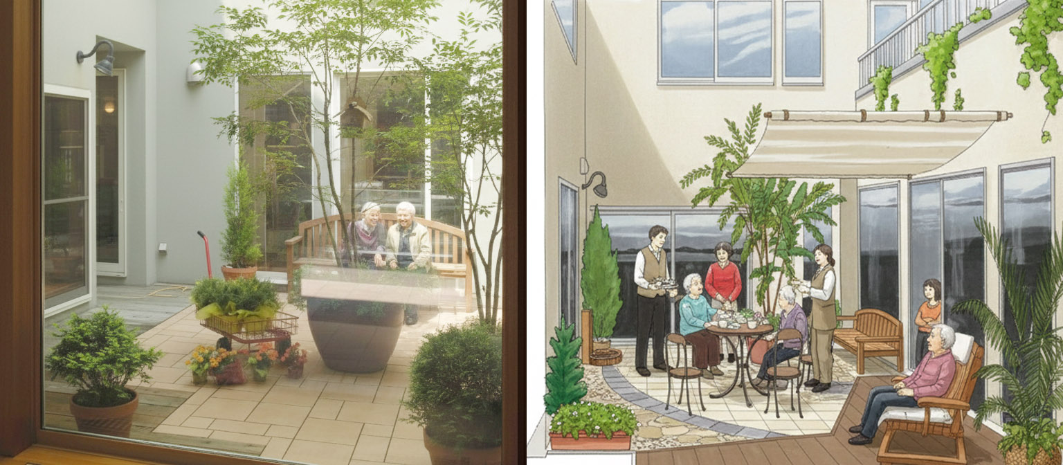 マンション・サービス付き高齢者向け住宅・老人ホーム・サ高住の庭とランドスケープ設計.施工例